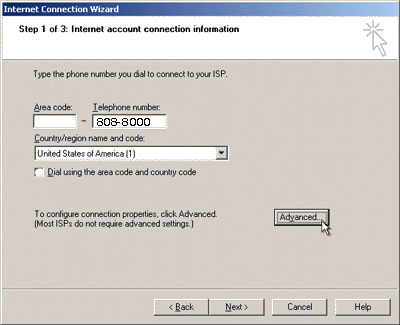 Enter the dial-up number you're going to use and then click Advanced